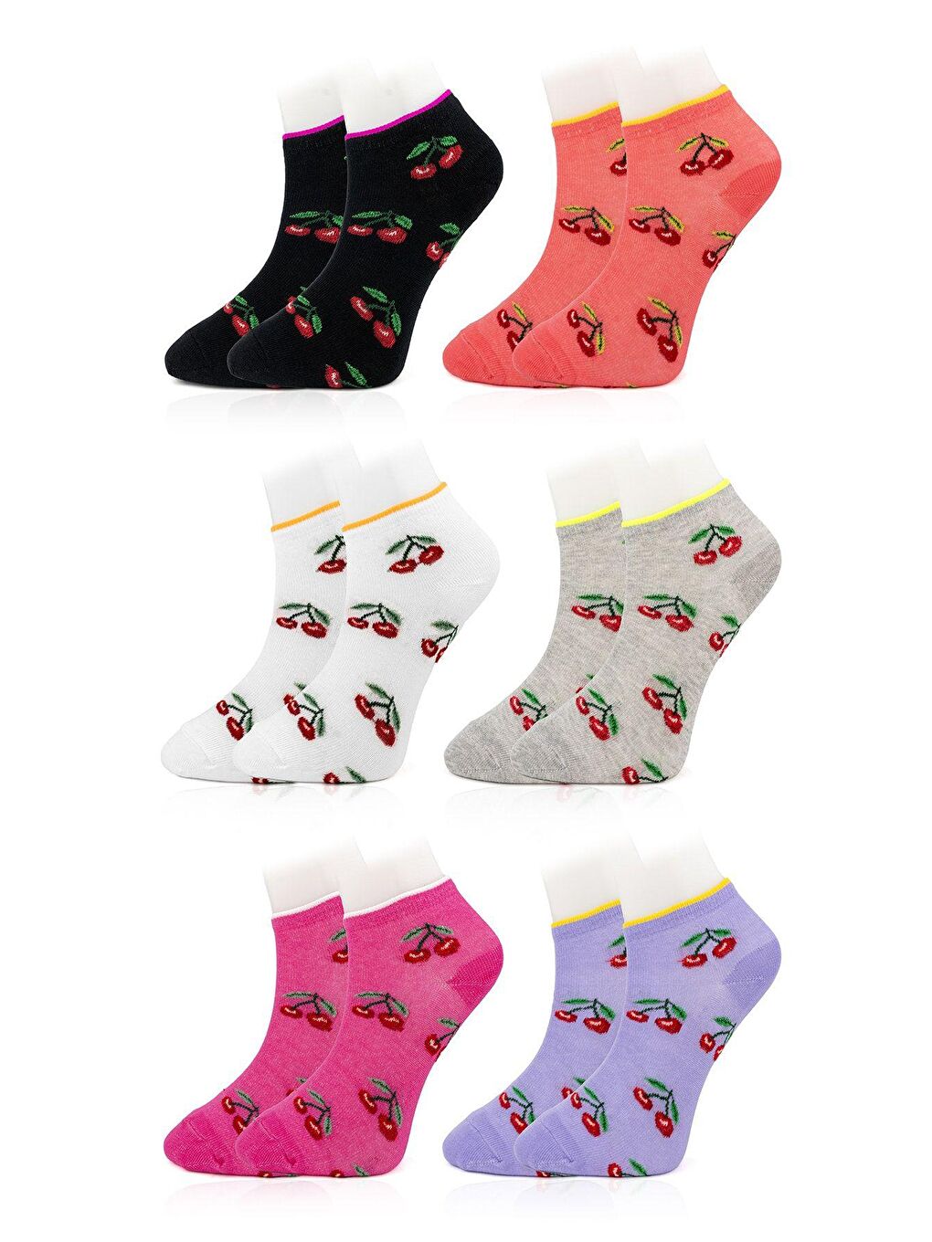Karışık 6'lı Kadın Kiraz Desenli Renkli Kaliteli Kolej Patik Çorap