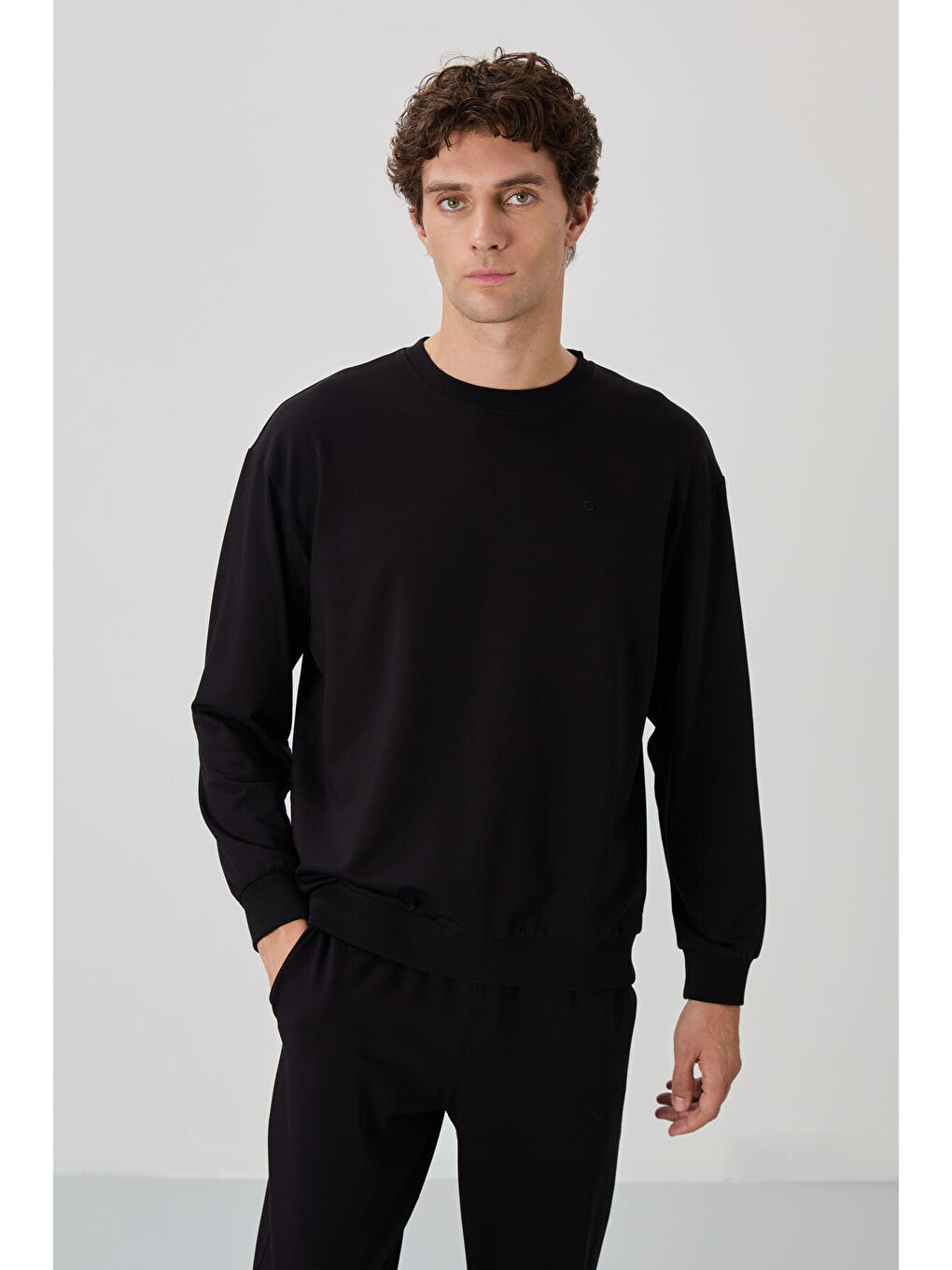 Siyah Casual Bisiklet Yaka Lastik Paça Erkek Oversize Eşofman Takımı - 85120-1