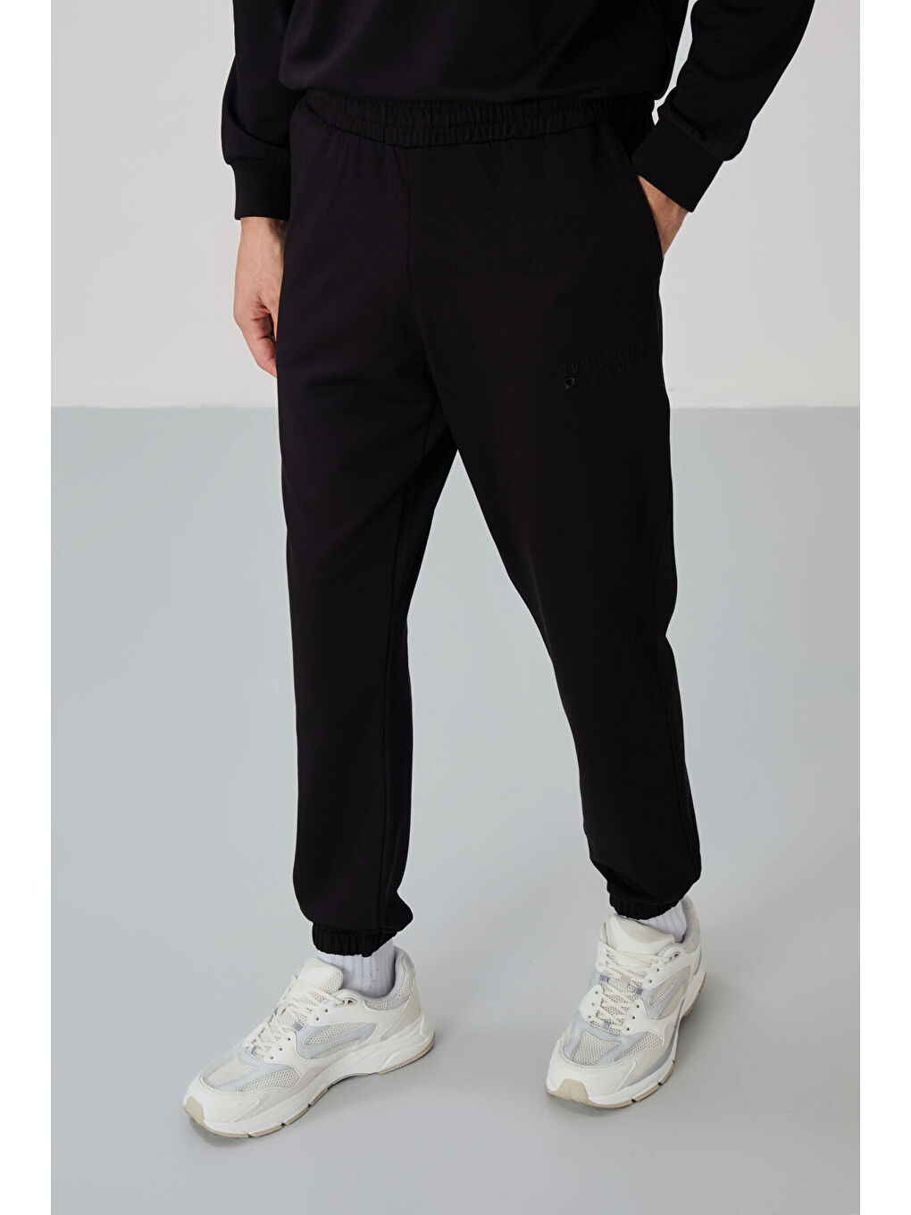 Siyah Casual Bisiklet Yaka Lastik Paça Erkek Oversize Eşofman Takımı - 85120-2