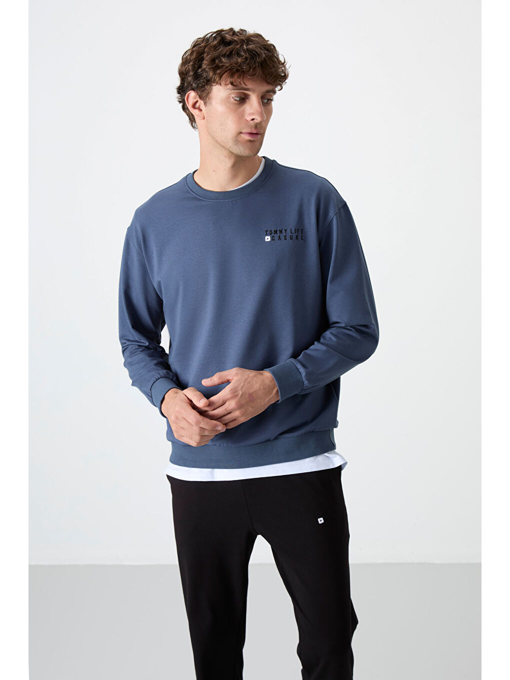 Petrol - Siyah Casual O Yaka Lastik Paça Erkek Oversize Eşofman Takımı - 85120-3