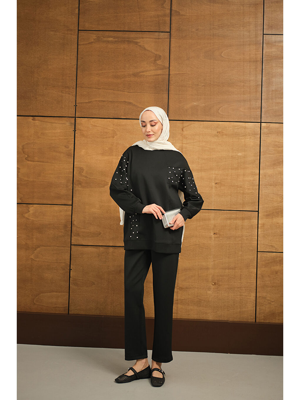 Kadın Taş Detay Takım Siyah-2