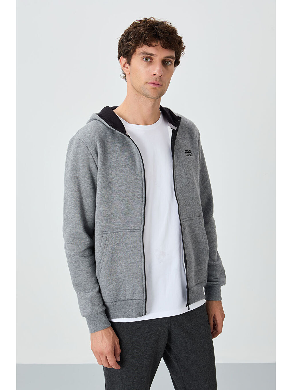 Hector Gri Melanj  Şardonlu Erkek Fermuarlı Sweatshirt - 88139-1