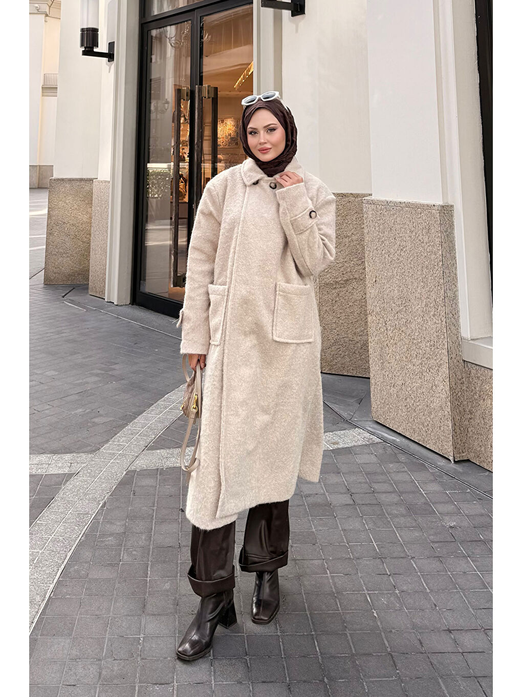 Ekru Kadın Keçe Kaşe Kaban Krem