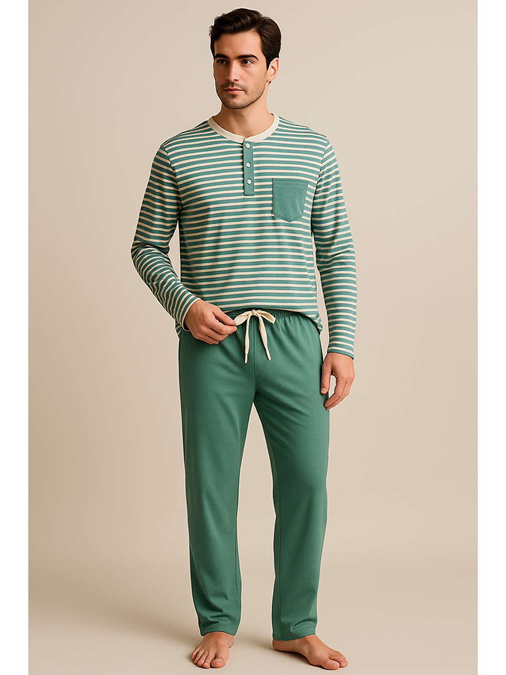 Erkek Çizgili Cepli Pijama Takımı Yeşil