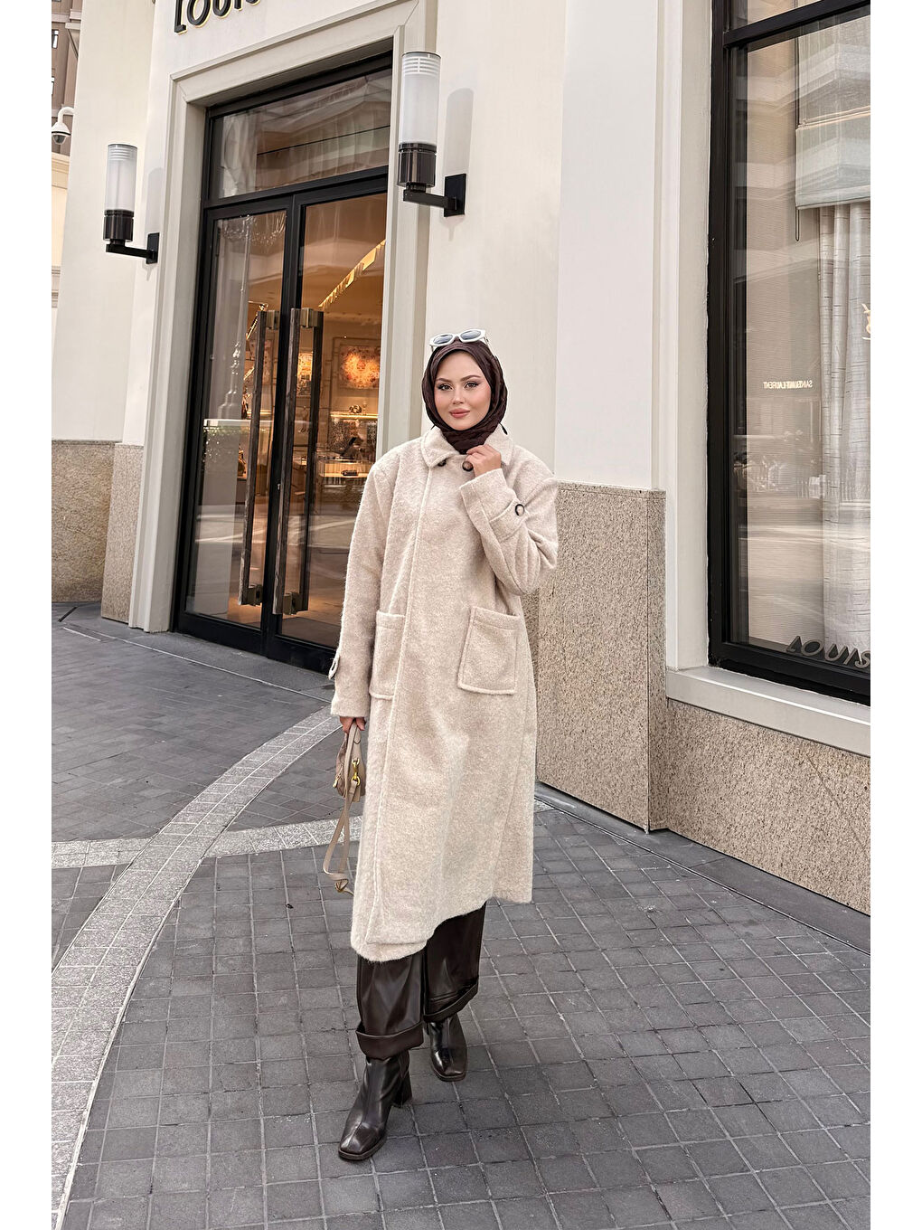 Ekru Kadın Keçe Kaşe Kaban Krem-3