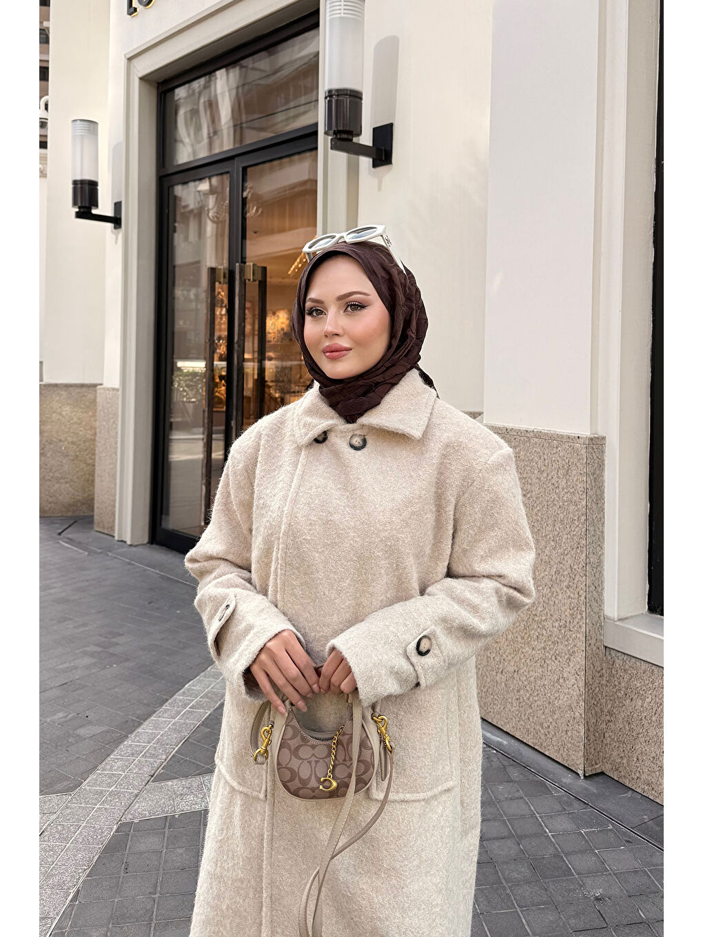 Ekru Kadın Keçe Kaşe Kaban Krem-4