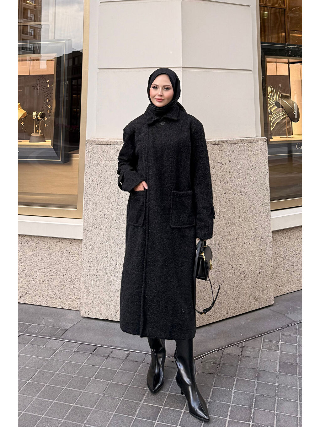 Kadın Keçe Kaşe Kaban Siyah