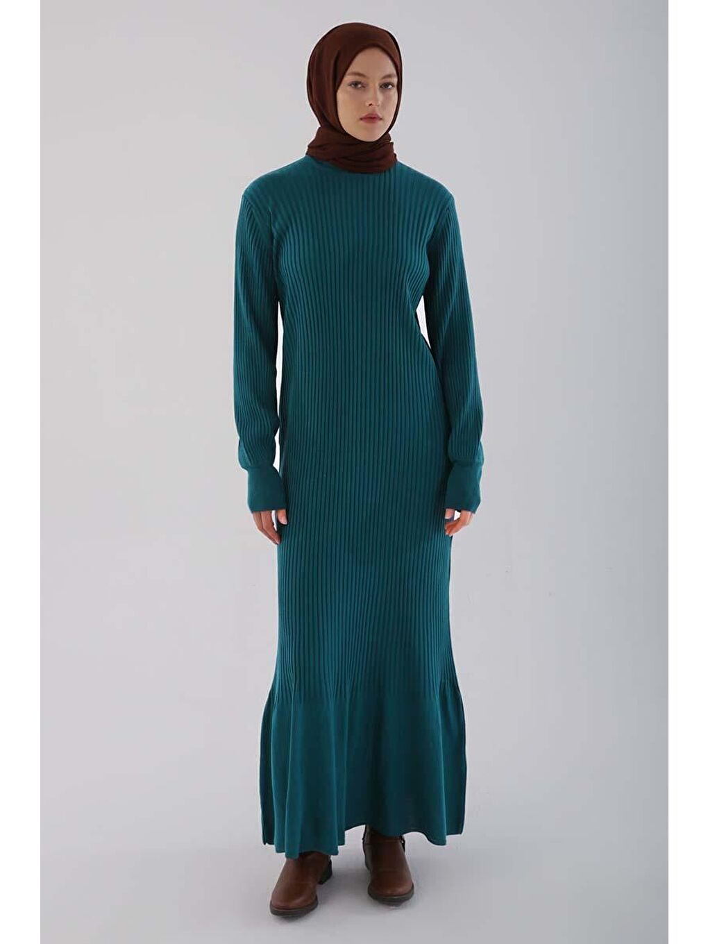 Petrol Dik Yaka Fitilli Triko Elbise-1