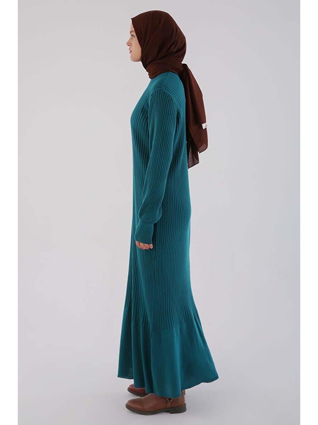 Petrol Dik Yaka Fitilli Triko Elbise-2