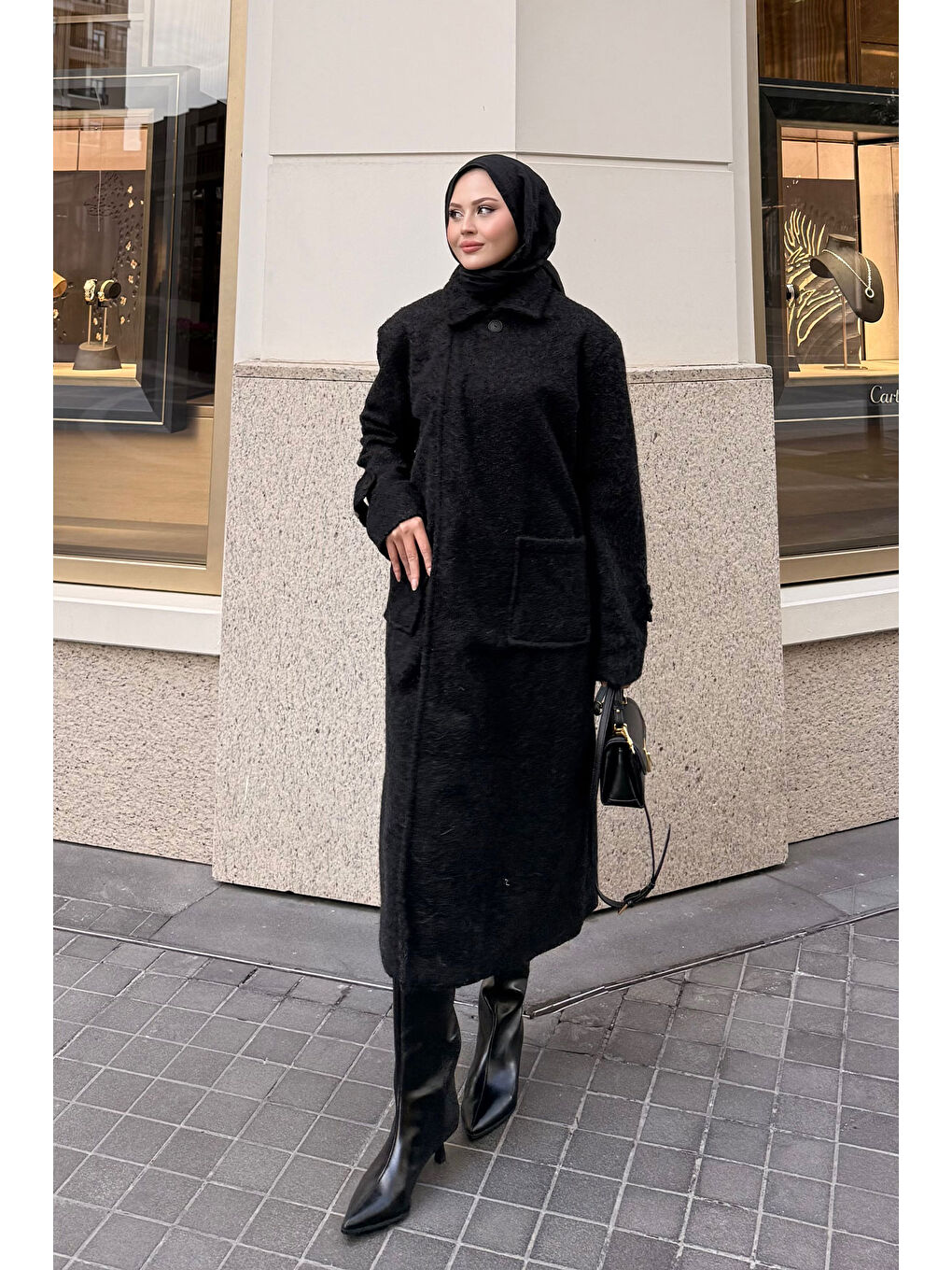 Kadın Keçe Kaşe Kaban Siyah-3