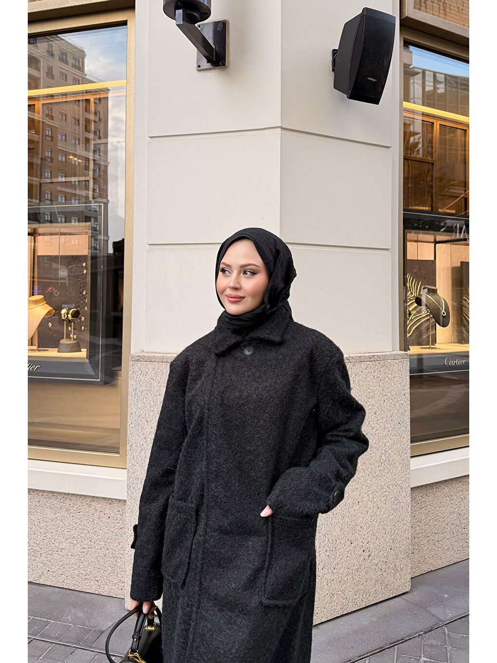 Kadın Keçe Kaşe Kaban Siyah-4