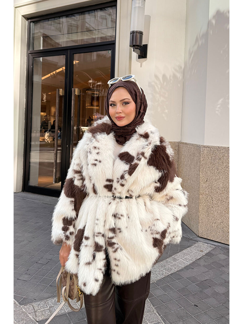 Kadın Benek Desenli Kürk Kaban Kahverengi