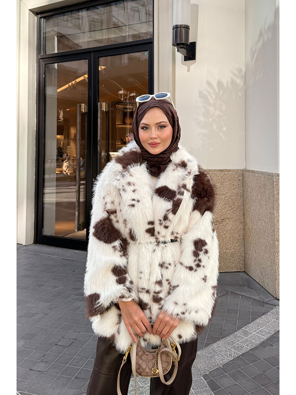 Kadın Benek Desenli Kürk Kaban Kahverengi-1