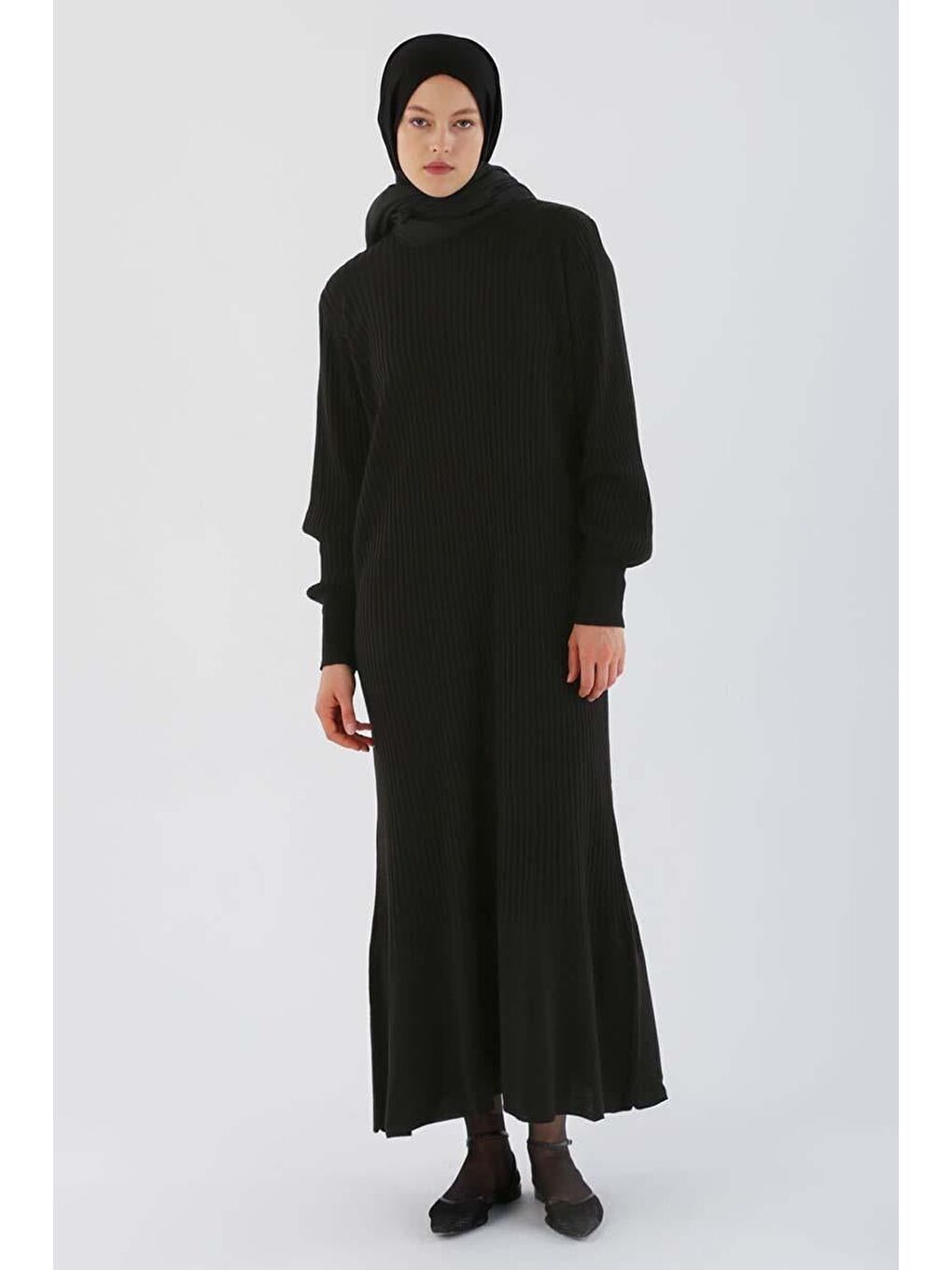 Siyah Dik Yaka Fitilli Triko Elbise-1