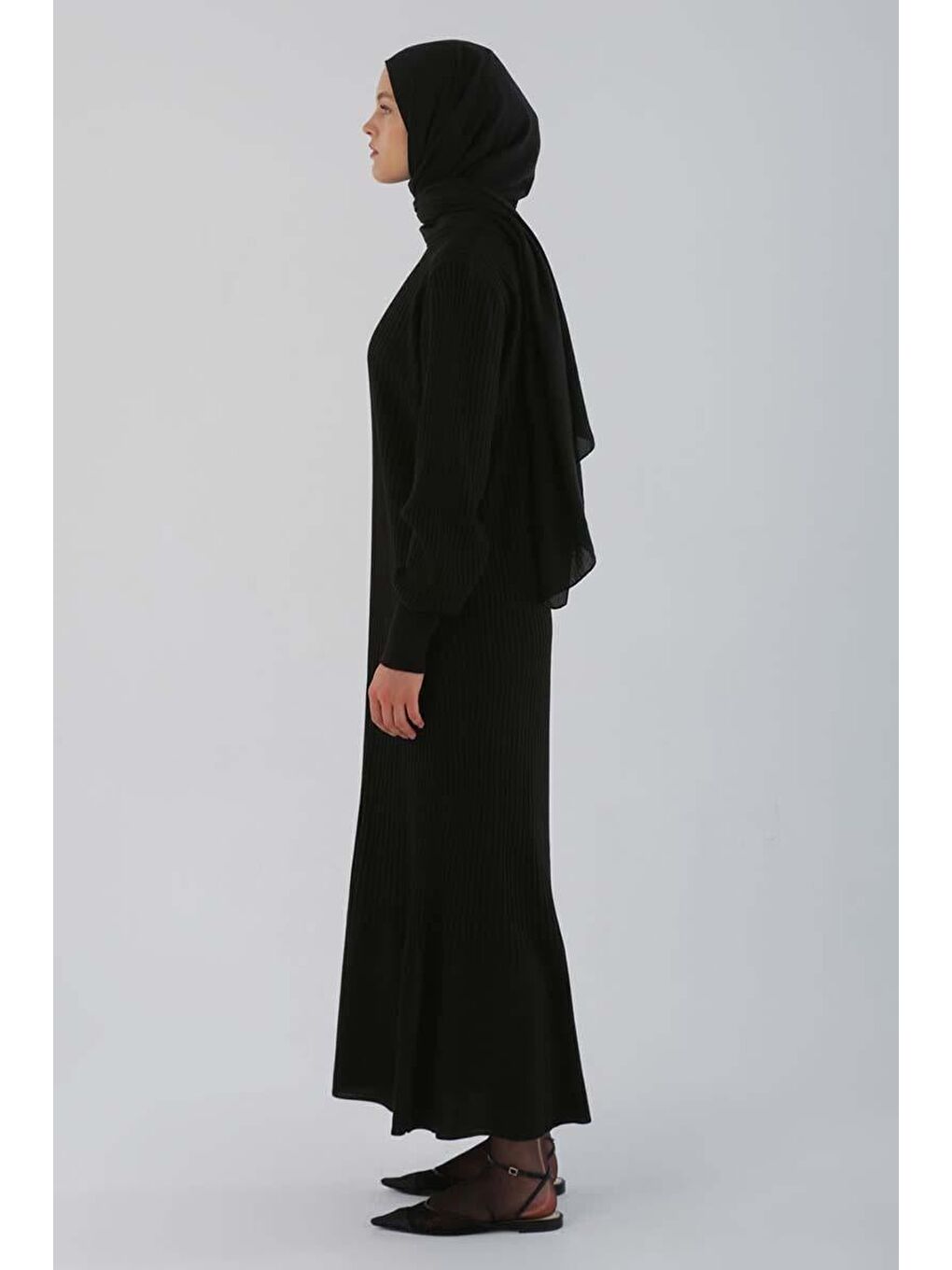 Siyah Dik Yaka Fitilli Triko Elbise-2