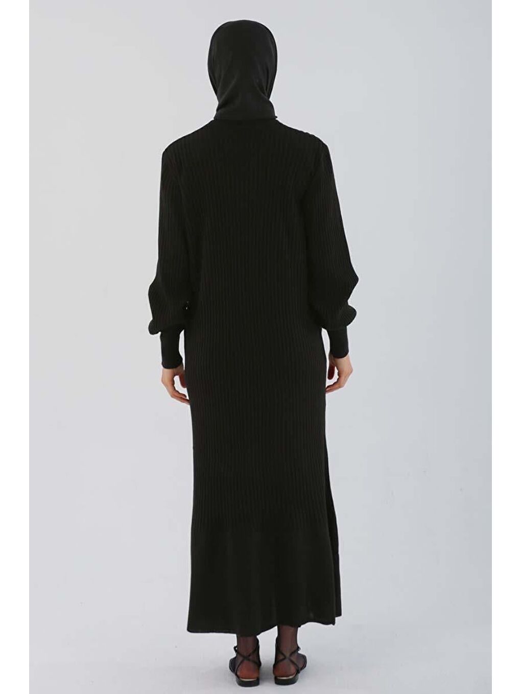Siyah Dik Yaka Fitilli Triko Elbise-3
