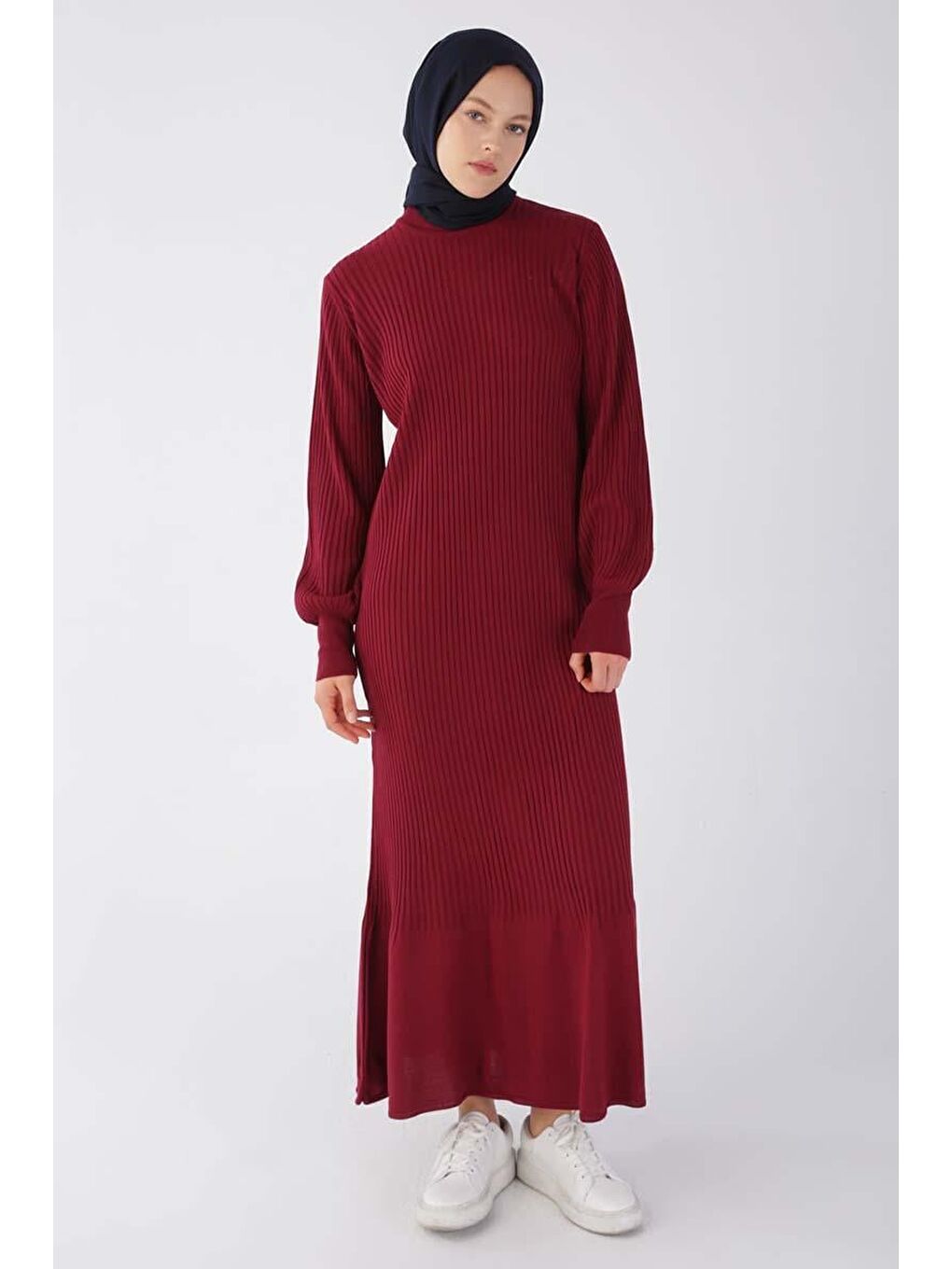 Bordo Dik Yaka Fitilli Triko Elbise