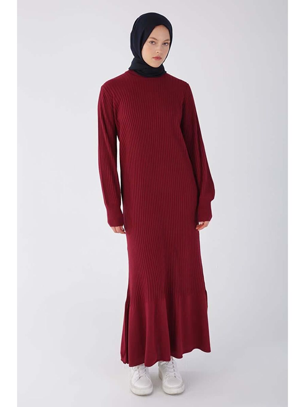 Bordo Dik Yaka Fitilli Triko Elbise-1