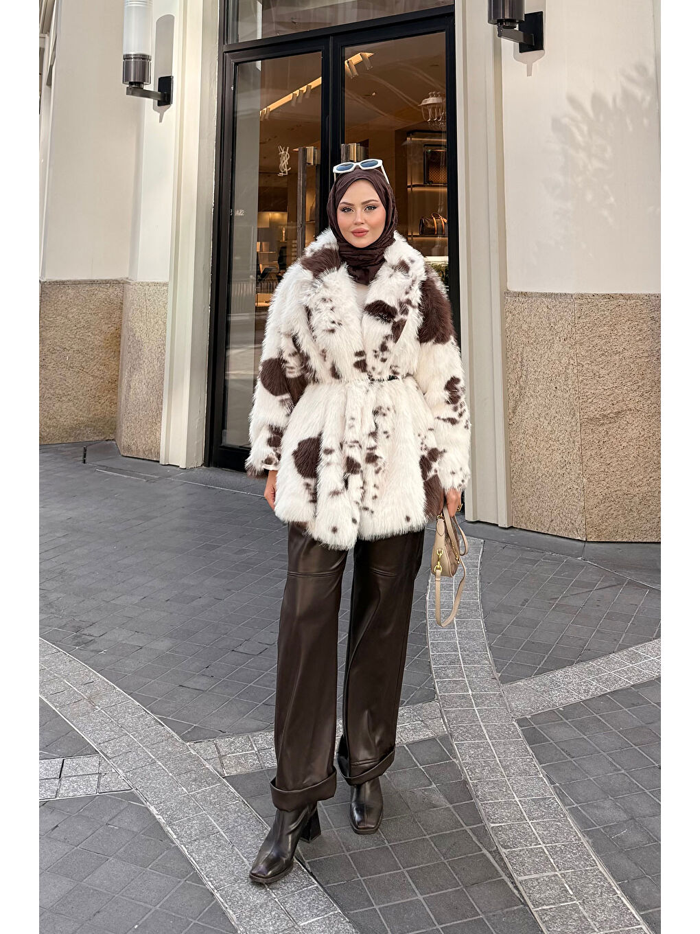 Kadın Benek Desenli Kürk Kaban Kahverengi-3