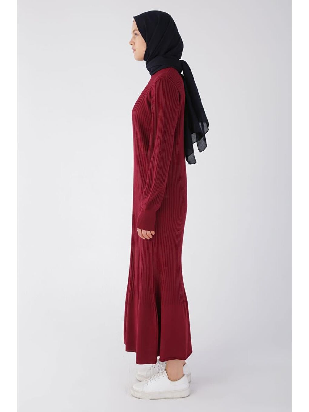 Bordo Dik Yaka Fitilli Triko Elbise-2