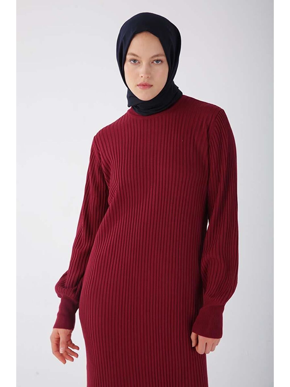 Bordo Dik Yaka Fitilli Triko Elbise-4