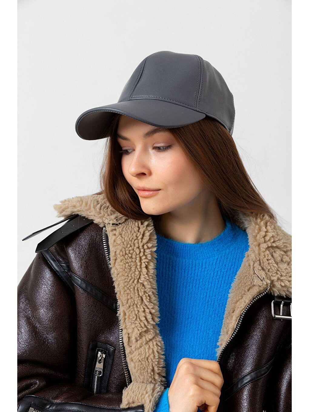 Unisex Antrasit Deri Kep Şapka Spk1104-1