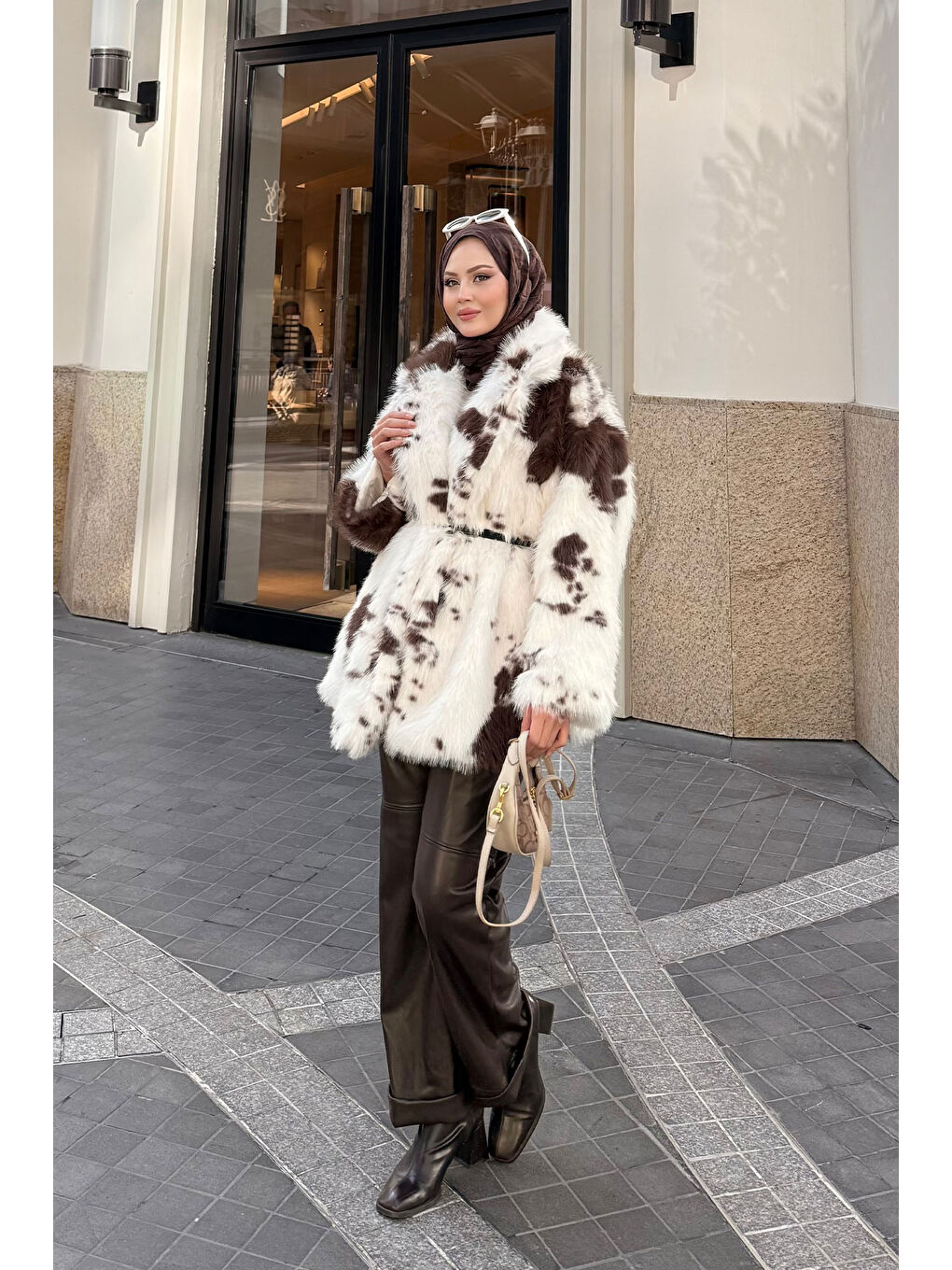 Kadın Benek Desenli Kürk Kaban Kahverengi-4