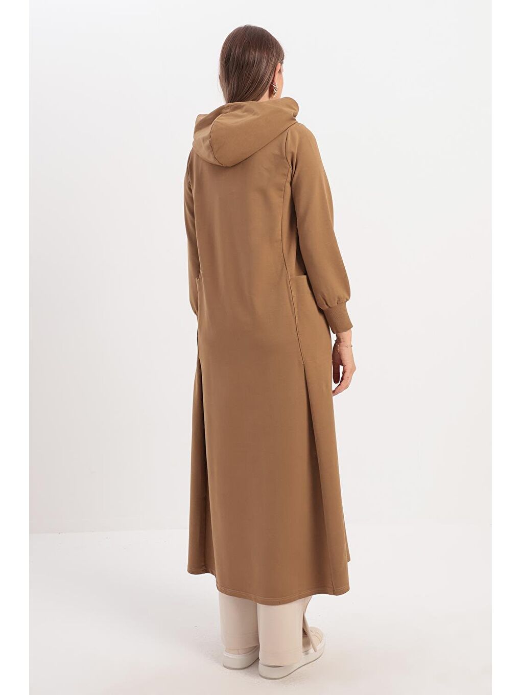Bej Süet Garnili Kapüşonlu Ferace-2