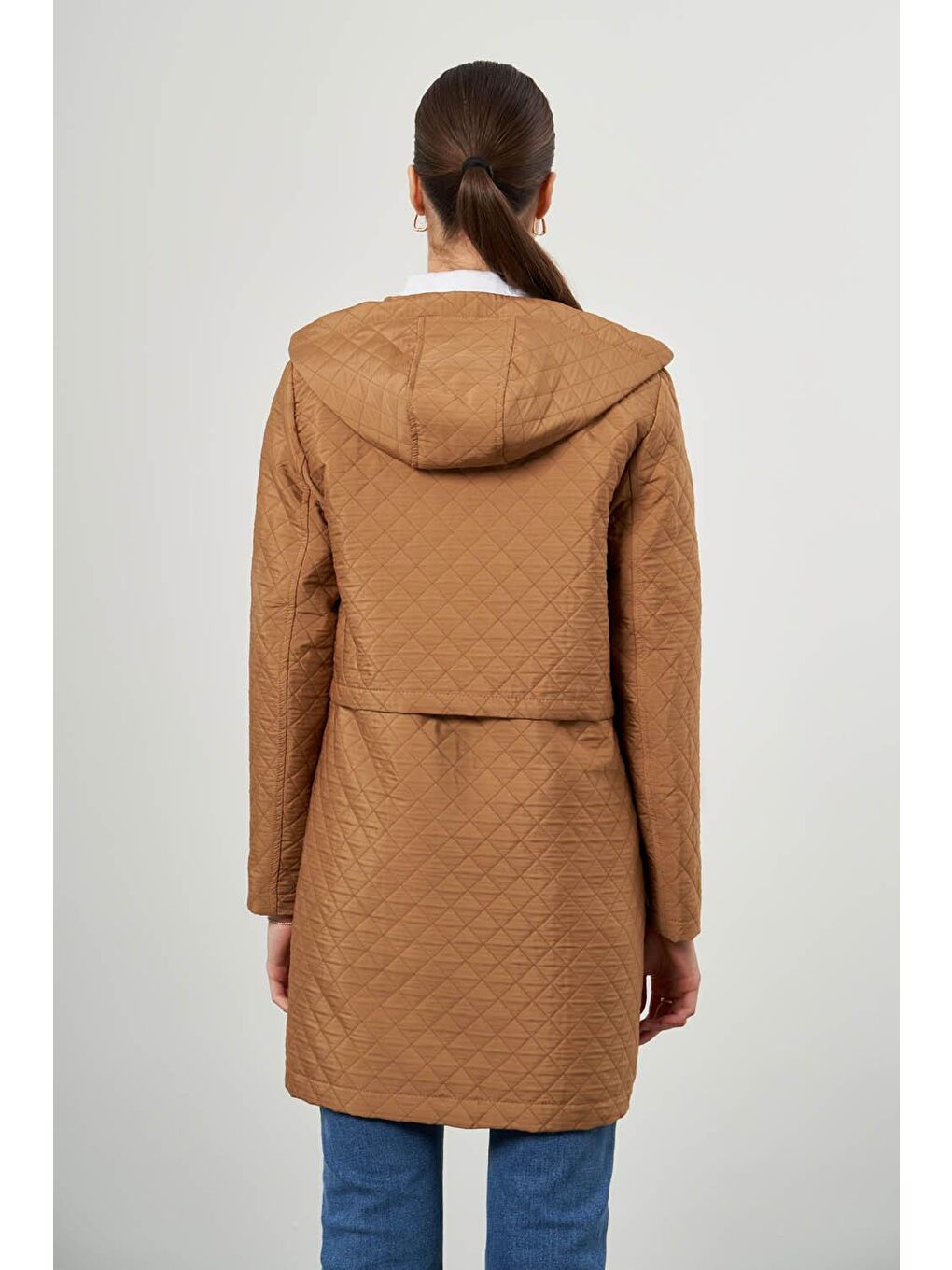 Cep Detaylı Kapitone Baklava Desenli Bej Kaban-3