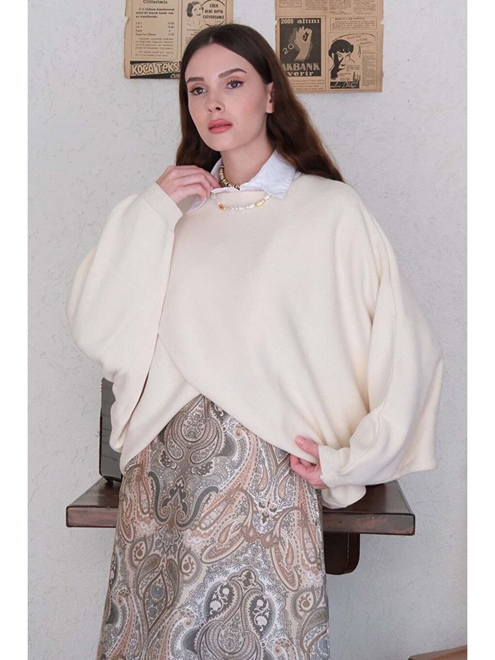 Ekru Krem Triko Kimono Crop