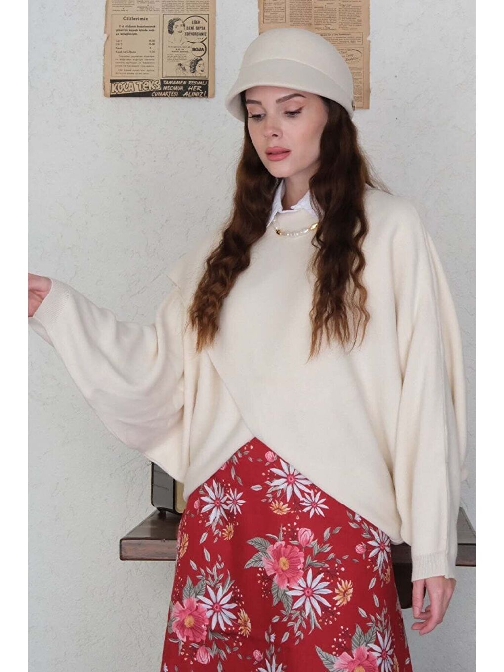 Ekru Krem Triko Kimono Crop-1