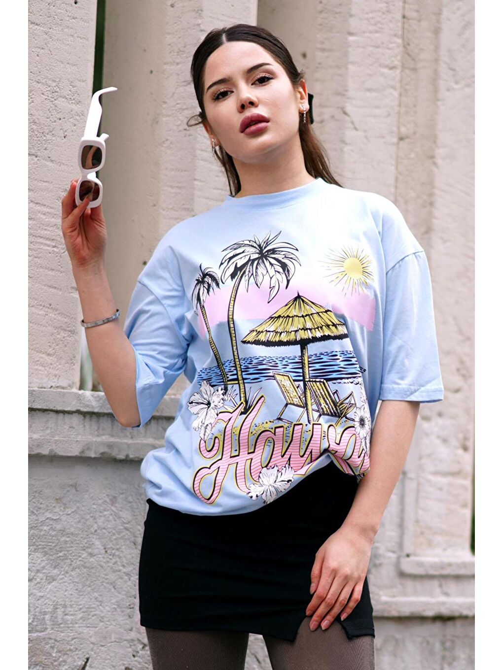 Mavi Baskılı Bisiklet Yaka Kadın Tişört Mg1765