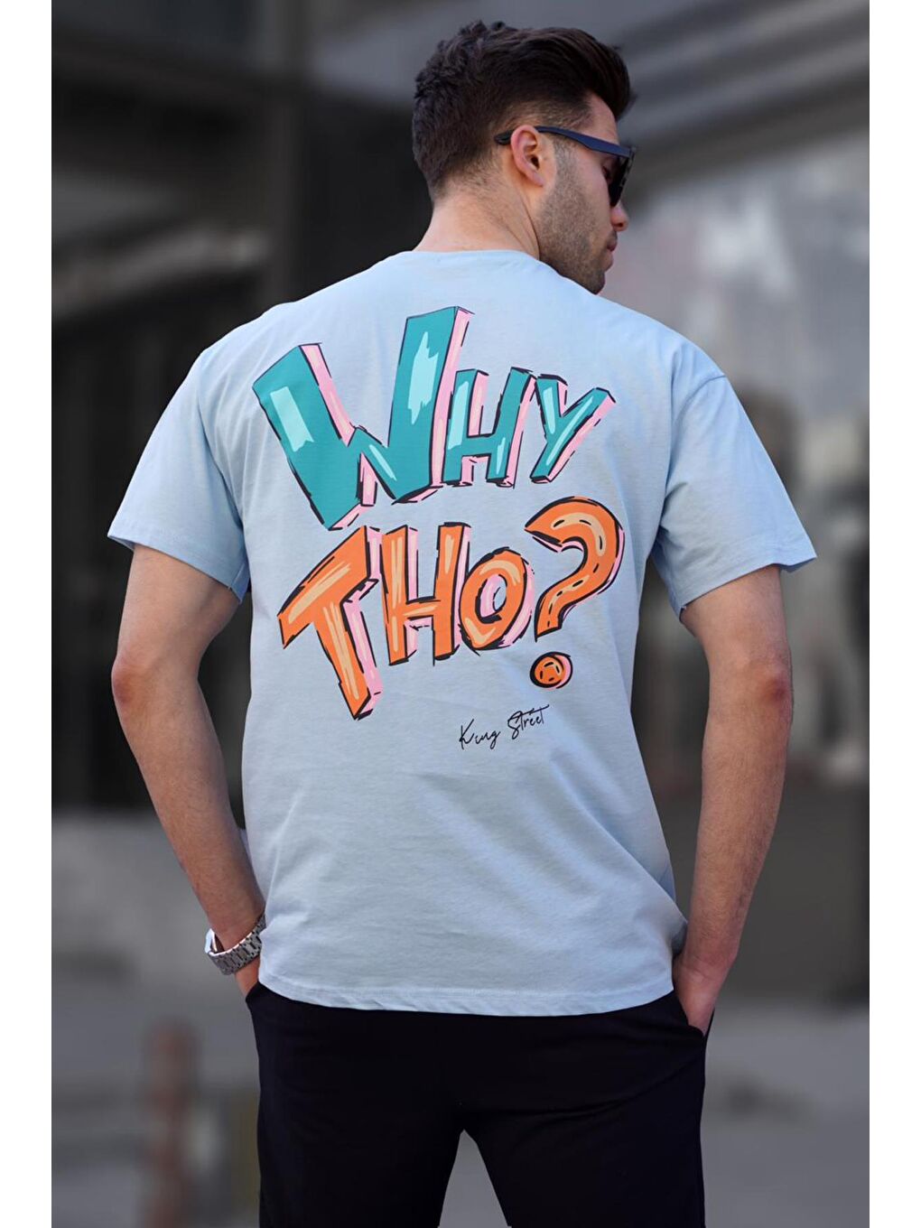 Baskılı Mavi Erkek %100 Pamuk Tişört  6124-1