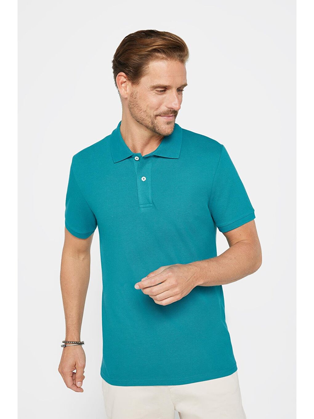 Erkek Slim Fit Dar Kesim %100 Pamuk Düz Pike Mavi Polo Yaka Tişört