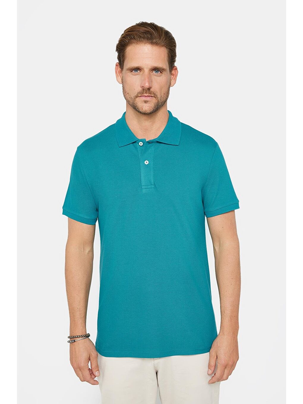 Erkek Slim Fit Dar Kesim %100 Pamuk Düz Pike Mavi Polo Yaka Tişört-1