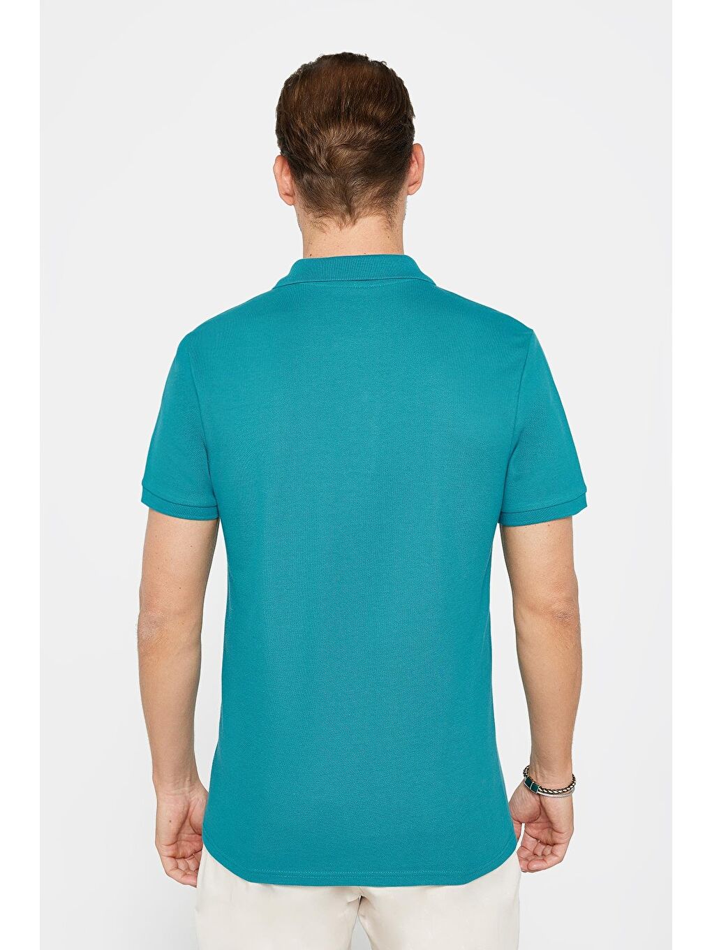 Erkek Slim Fit Dar Kesim %100 Pamuk Düz Pike Mavi Polo Yaka Tişört-4