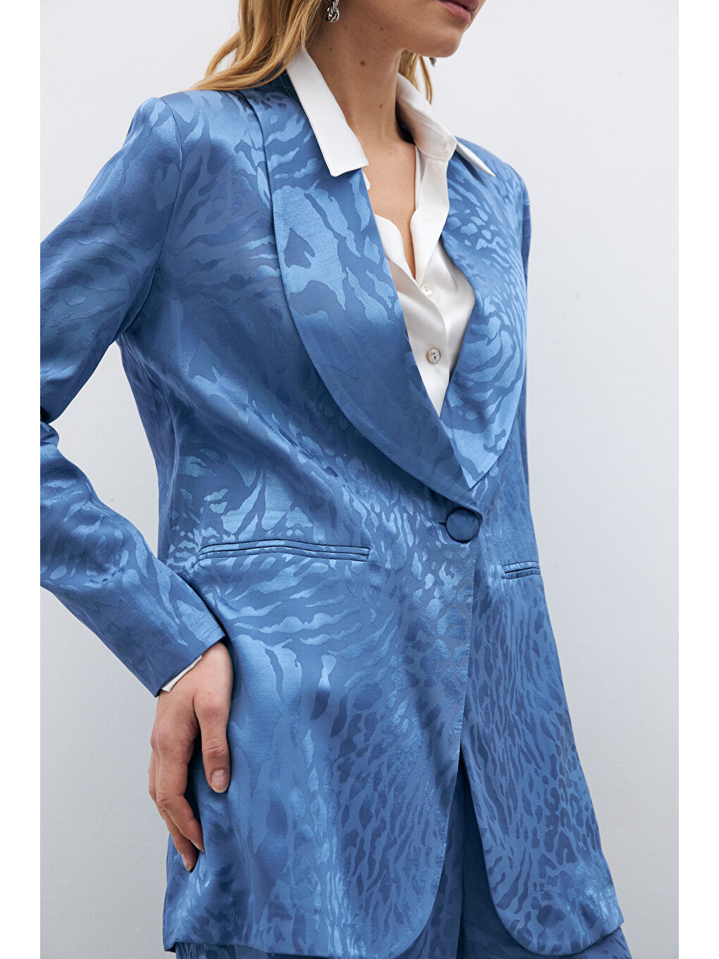 Desenli Saten Ceket - İndigo-2