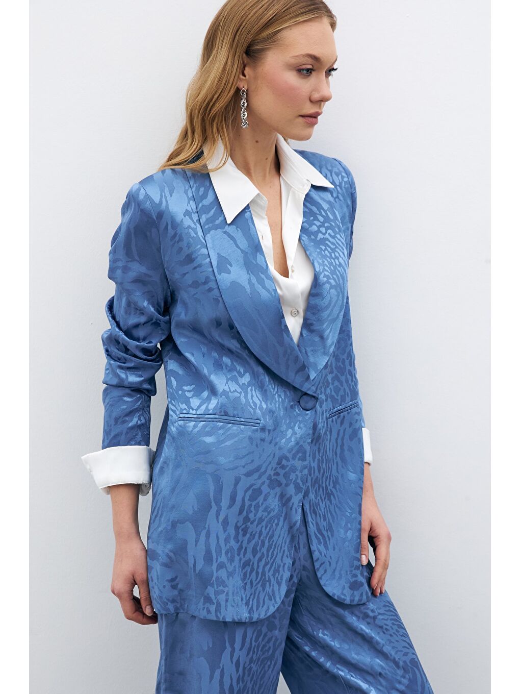 Desenli Saten Ceket - İndigo-3