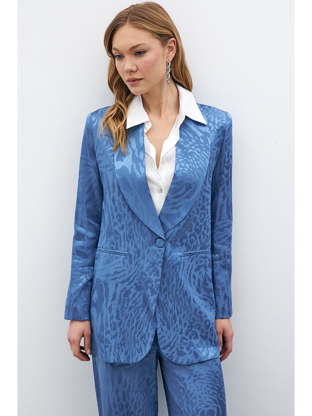 Desenli Saten Ceket - İndigo-4