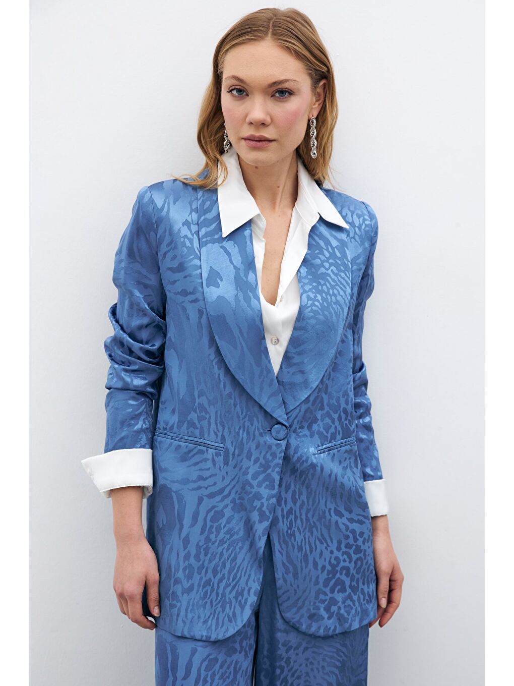 Desenli Saten Ceket - İndigo-6