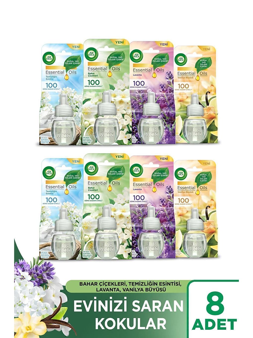 Renksiz Elektrikli Oda Kokusu Yedek Şişe 8'li Set (2 Bahar-2 Temizlik-2 Lavanta-2 Vanilya)