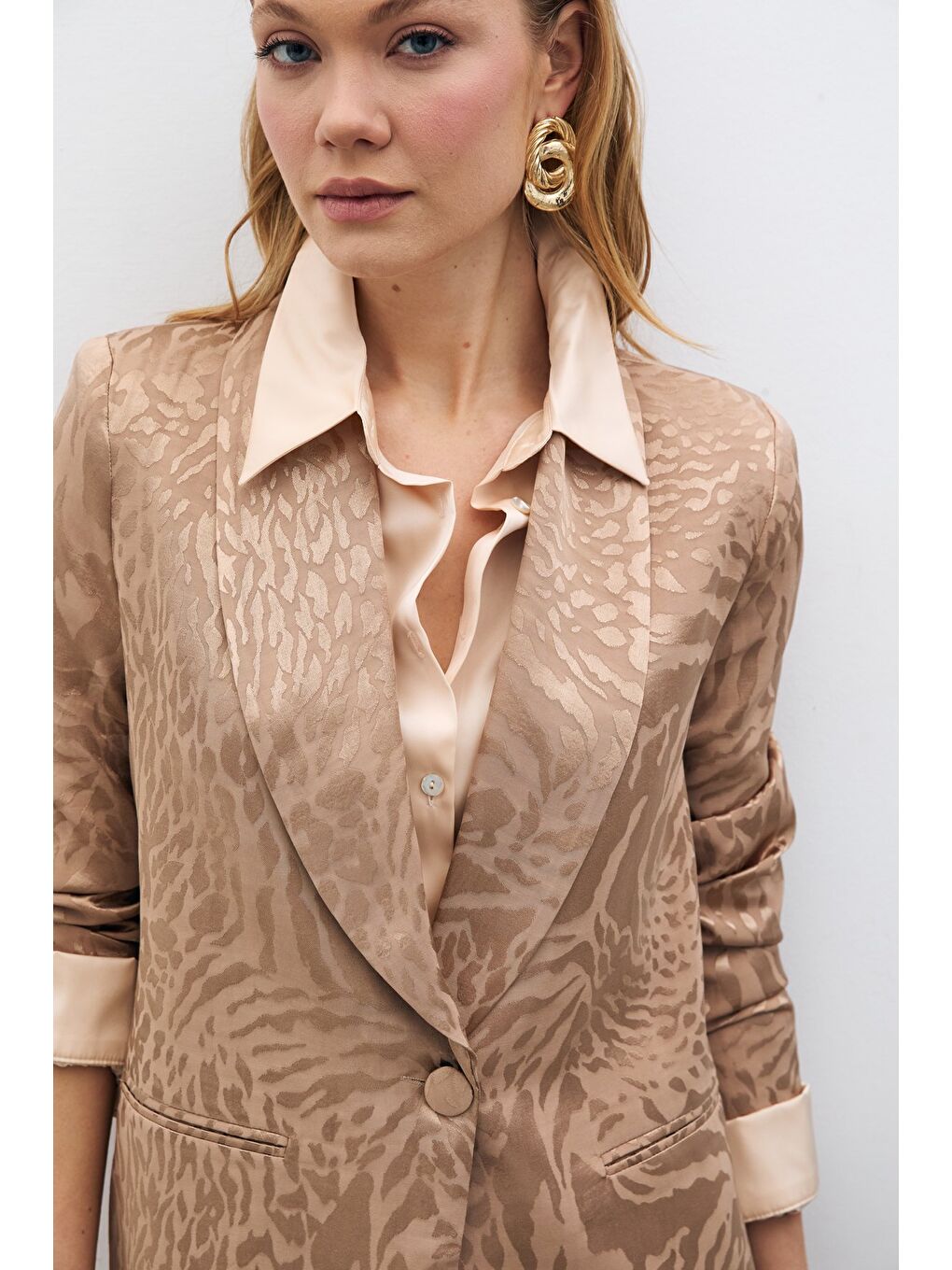 Bej Desenli Saten Ceket - Vizon-2