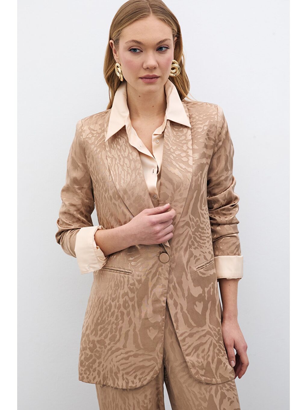 Bej Desenli Saten Ceket - Vizon-4