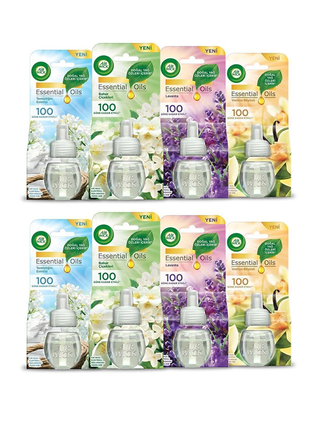 Renksiz Elektrikli Oda Kokusu Yedek Şişe 8'li Set (2 Bahar-2 Temizlik-2 Lavanta-2 Vanilya)-1