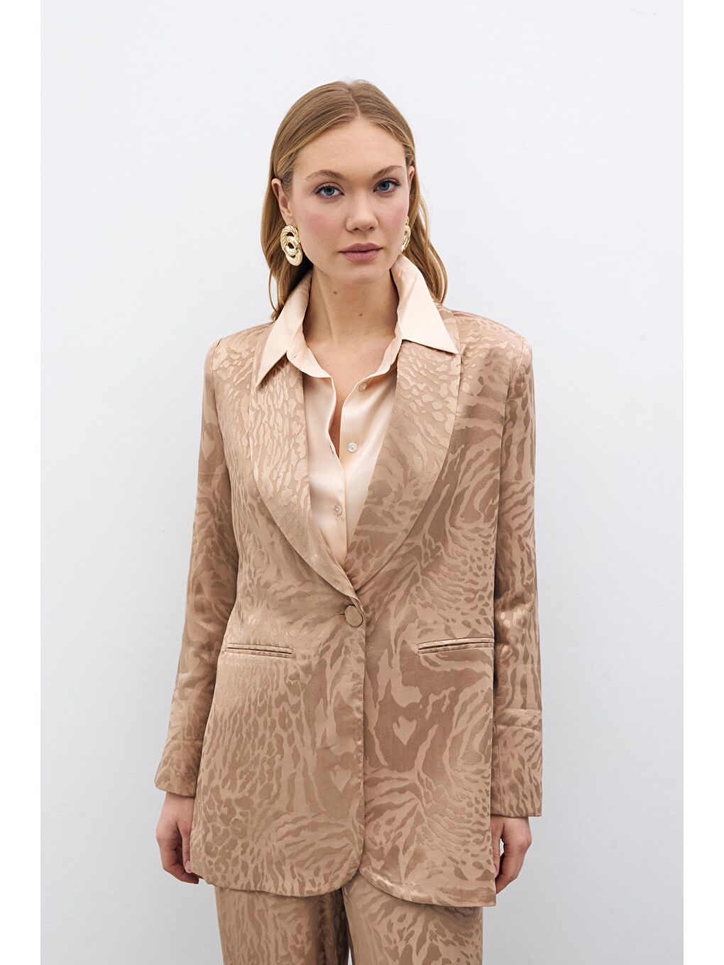 Bej Desenli Saten Ceket - Vizon-5