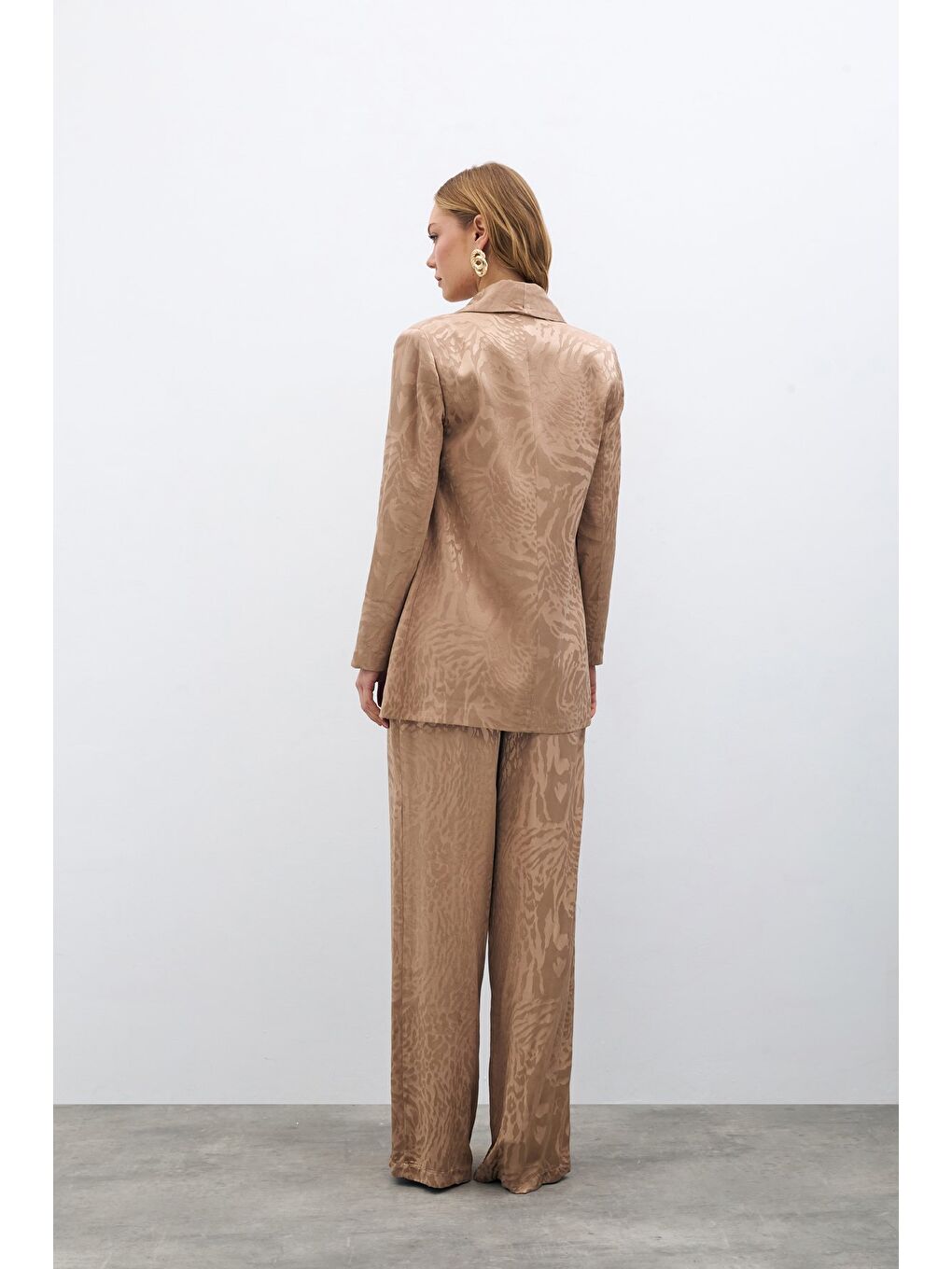 Bej Desenli Saten Ceket - Vizon-6