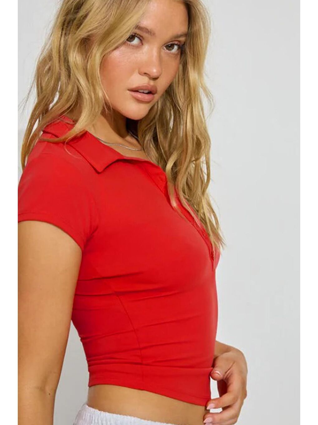 Kırmızı Polo Yaka Basic Kadın Tişört Mg2455-2