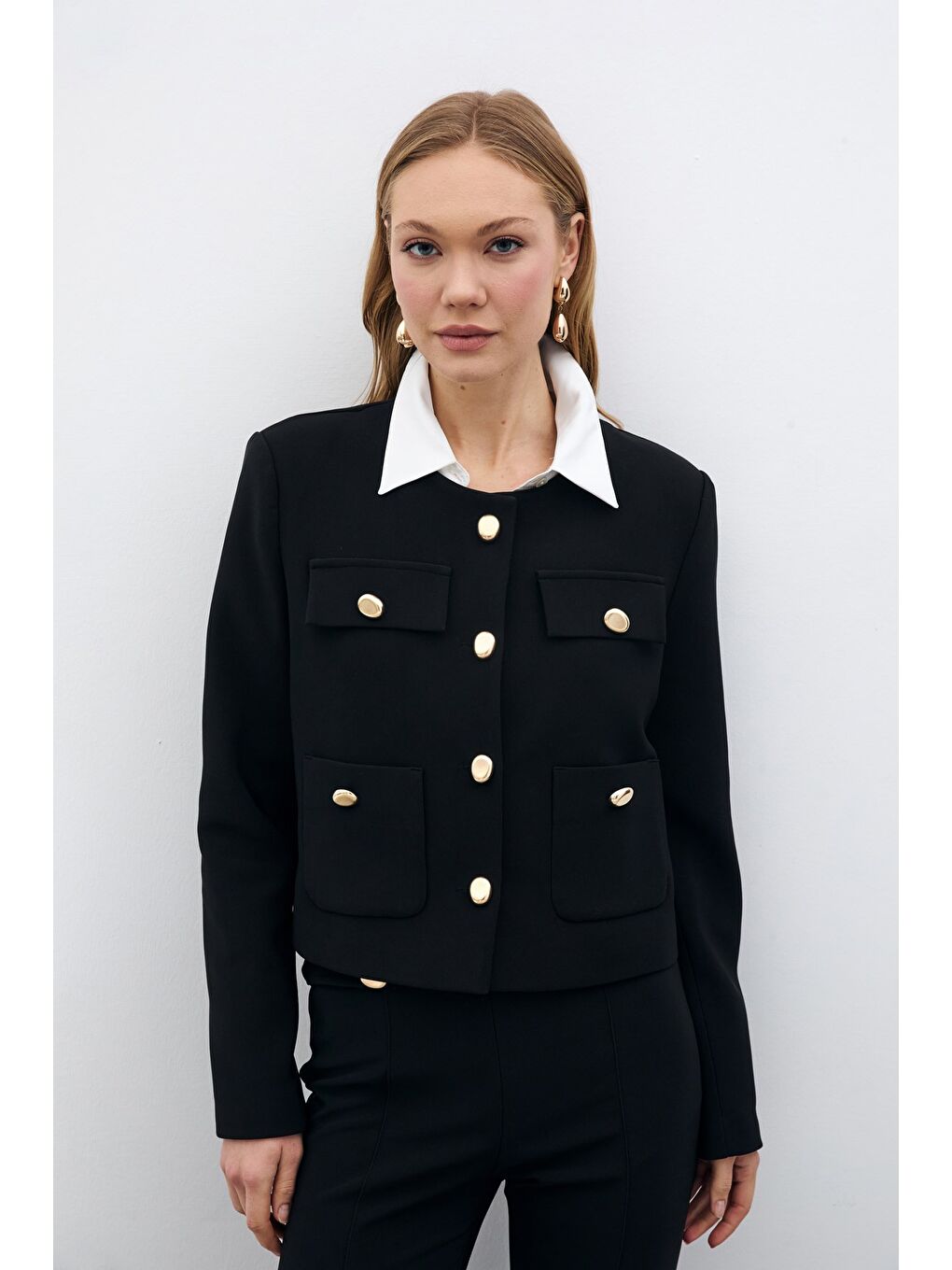 Düğmeli Kısa Ceket - Siyah-2