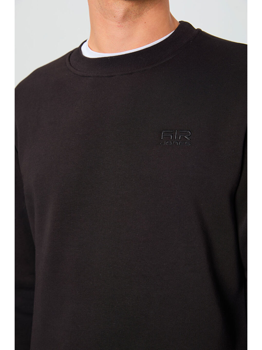 Siyah Bisiklet Yaka Şardonlu Rahat Form Basic Erkek Sweatshirt - 88137-1