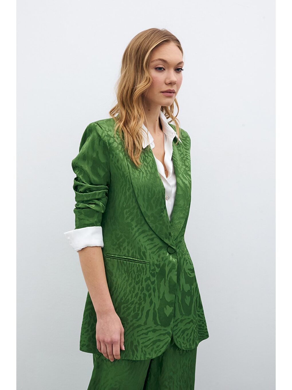 Desenli Saten Ceket - Yeşil-1
